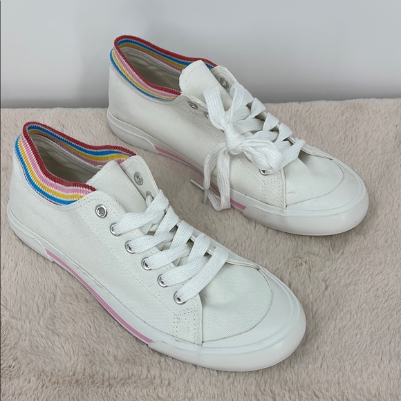 American Eagle Outfitters Shoes - AMERICAN EAGLE WOMENS SIZE 10 White Canvas Sneakers with Rainbow Trim